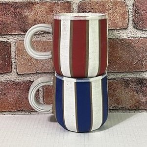 More Living Stoneware Coffee Tea Mug Set of 2 Striped Wheel Thrown Hand painted